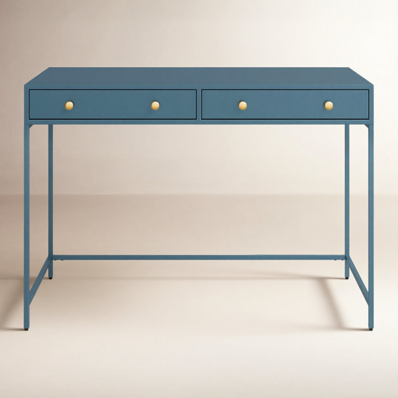 Springer Julina Rectangular Iron 2-Drawer Writing Desk with Built-In Outlet and Cable Management , Blue