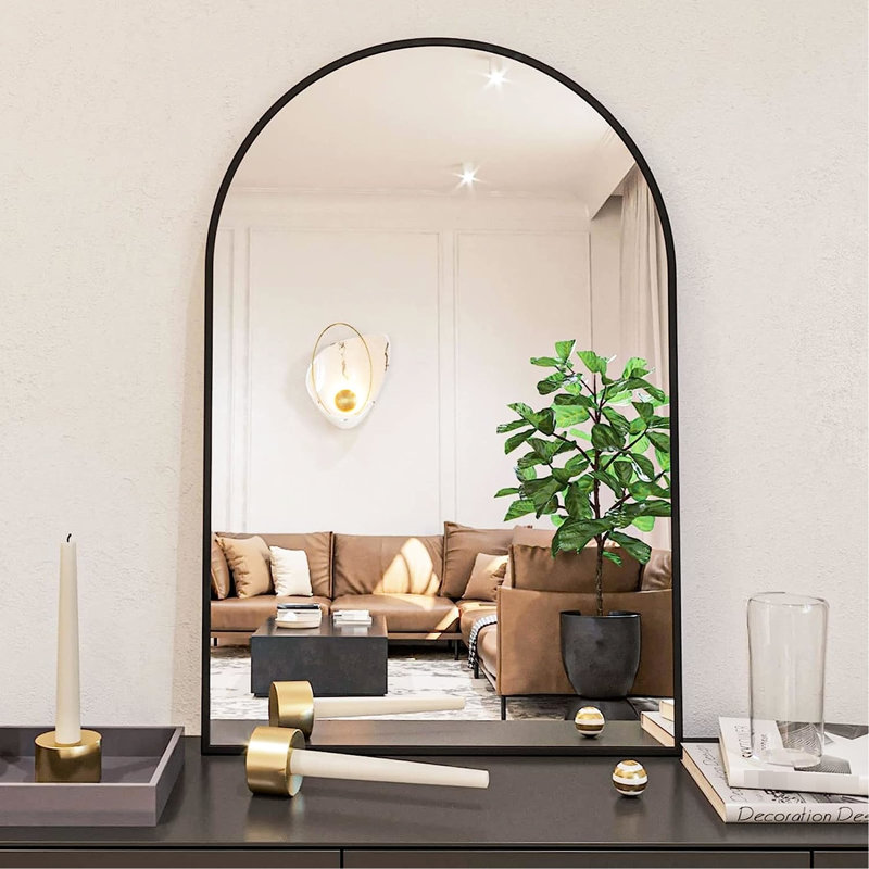 Miroir mural arqué 24 x 36 pouces noir pour décoration de salle de bain - verre transparent de 4 mm, cadre en aluminium rouillé, installation renforcée et suspension avec quincaillerie manuelle