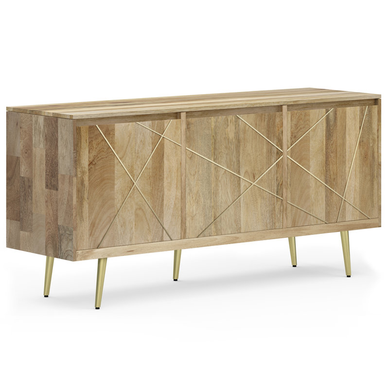 Jager 60"W Solid Mango Wood Mid-Century Contemporary 3-Door Sideboard Buffet with Geometric Brass Inlay