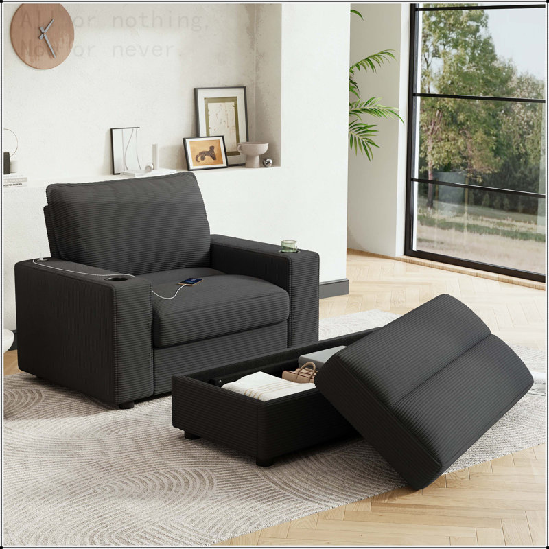 Méridienne surdimensionnée de 42,8 po avec repose-pieds avec rangement, canapé-lit en velours côtelé avec porte-gobelets et port de charge USB, canapé-lit rembourré