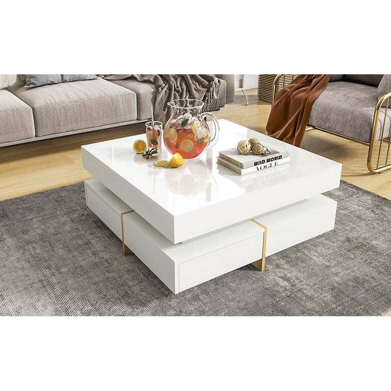 Table basse moderne à haute brillance avec 4 tiroirs, table basse carrée multi-rangement avec pieds en grain, table centrale pour le salon, 31,5 po x 31,5 po