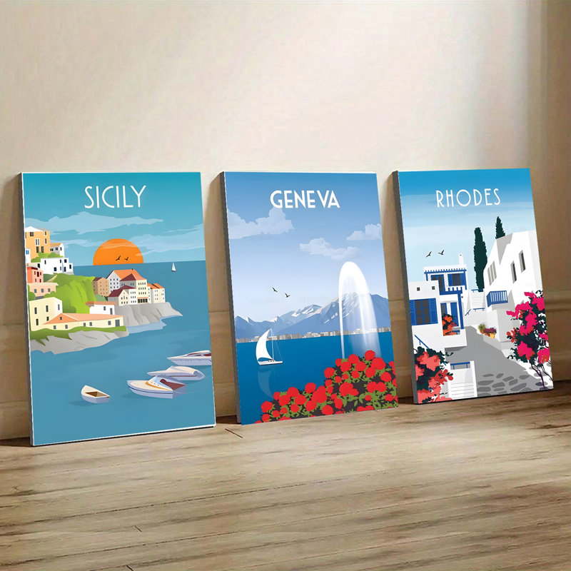 3 pièces d'art mural, affiches de voyage rétro encadrées, ensemble de 3 impressions sur toile - Sicile Genève Rhodes