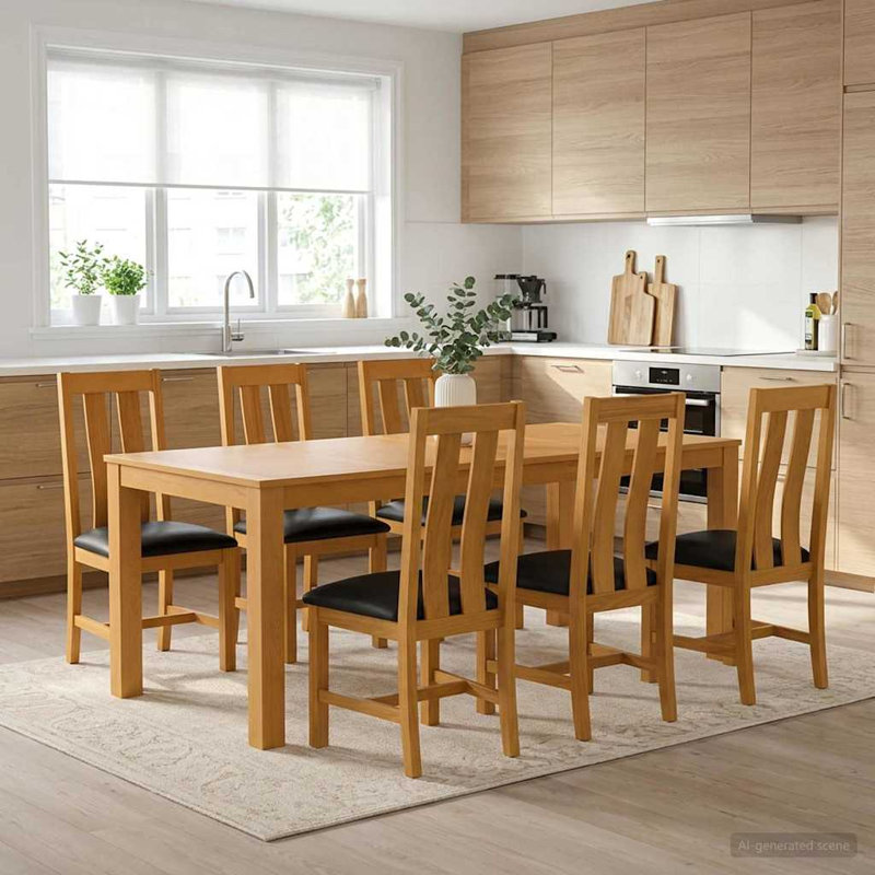 Oak Solid Wood Dining Set, 75cm H x 200cm W x 100cm D, 7