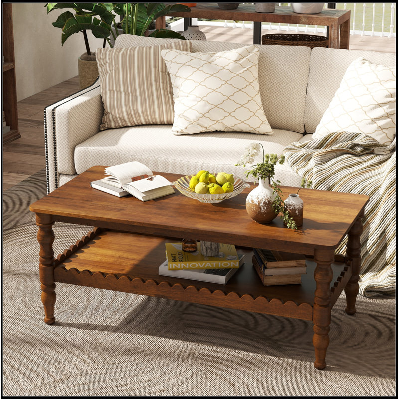 Rectangle Coffee Table Solid Wood Coffee Table with Storage Shelf,Farmhouse 2-Tier Center Table Lacquered Classical Legs,Easy Assembly Apartment Center Sofa Table  for Living Room