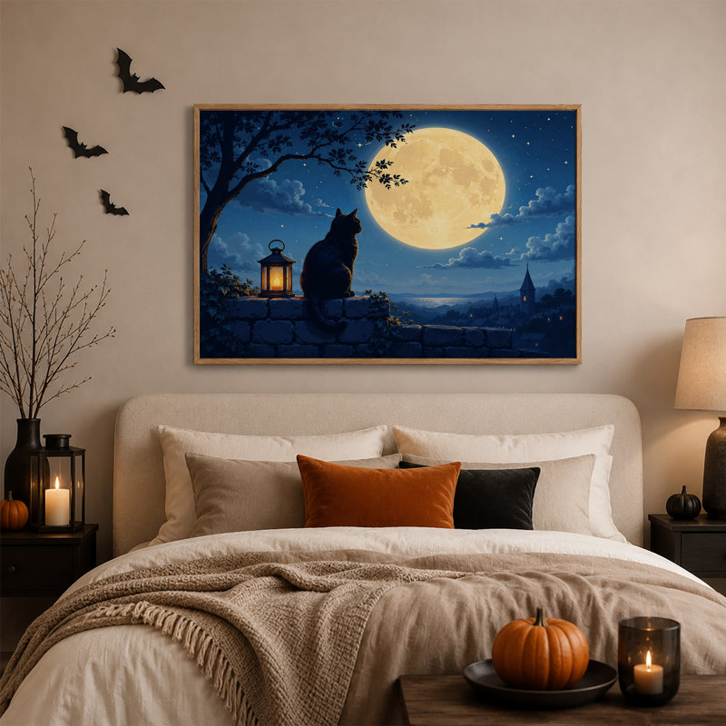 Art mural sur toile, chat noir assis sur une pierre avec lanterne, H 32 po x l 48 po