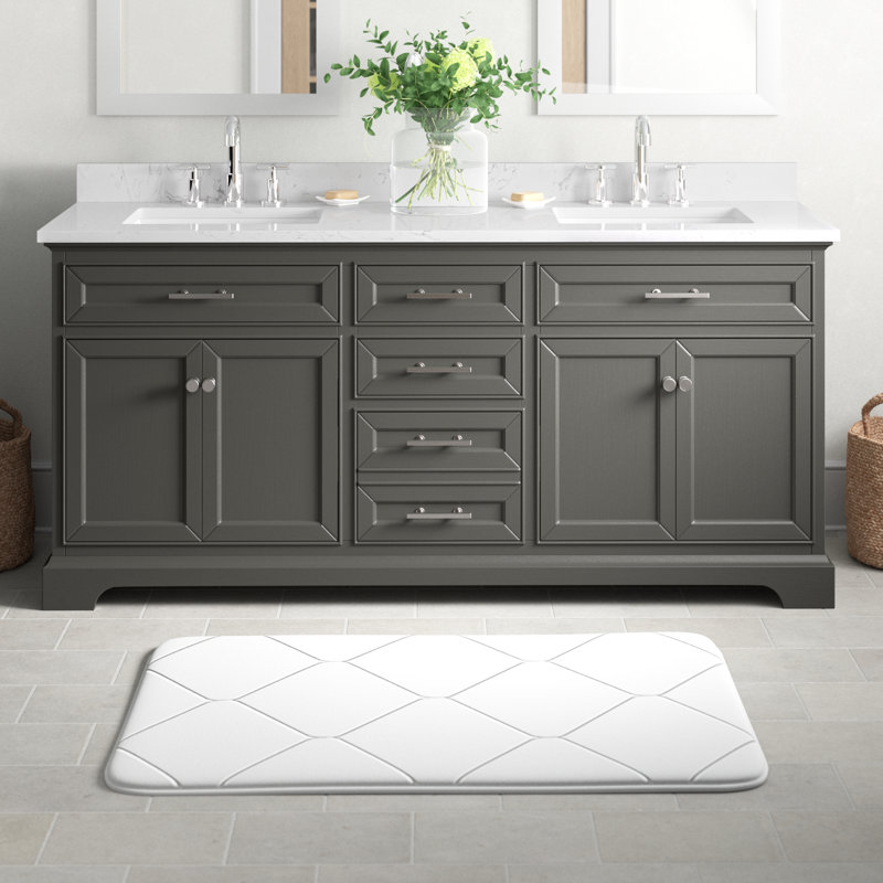 Meuble-lavabo double avec plateau en pierre artificielle Currahee, Gris argenté / nickel brossé