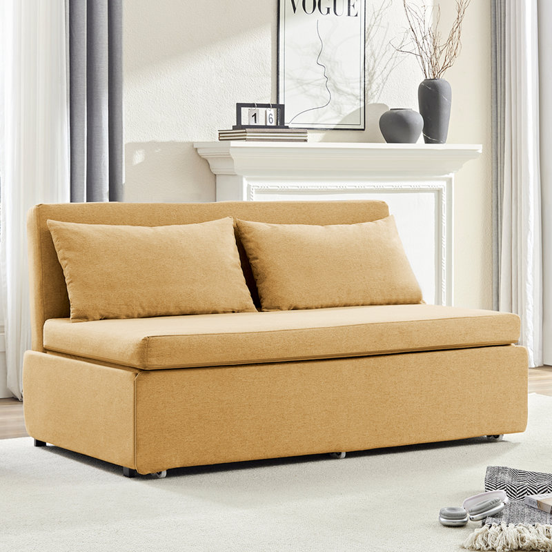 Canapé-lit convertible sans accoudoirs avec méridienne réversible et tissu en lin, Jaune