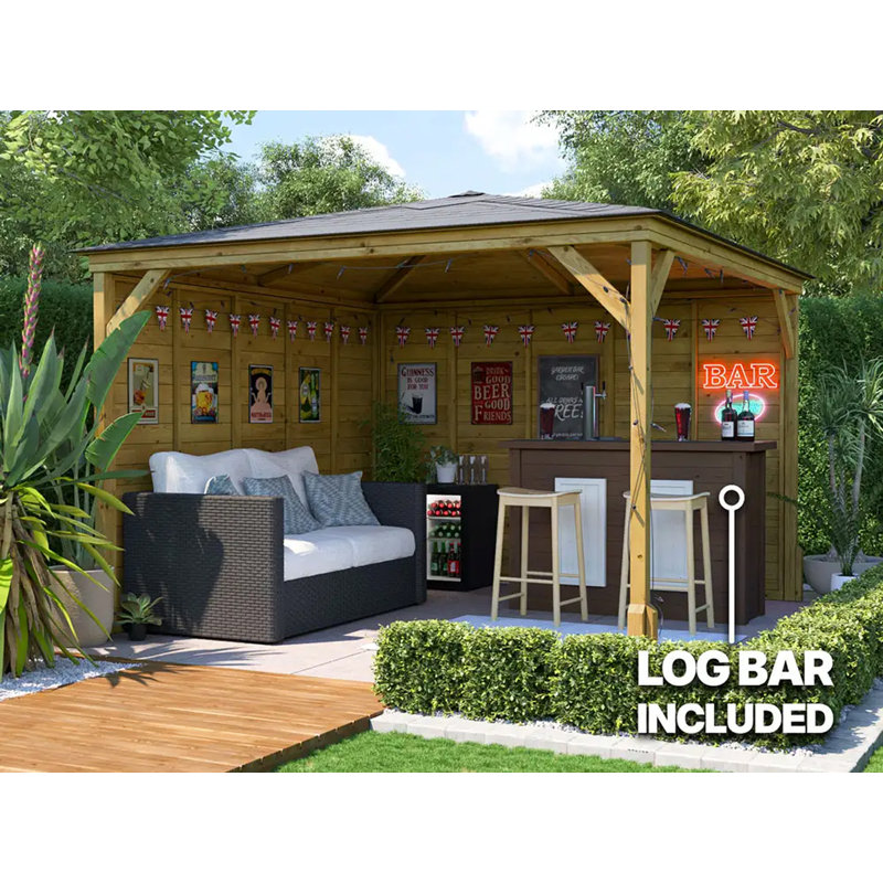 Dunster House Garden Bar Gazebo 3m x 3m Black Roof Shingles, Utopia Heavy Duty Garden Shelter with Log Bar Included
