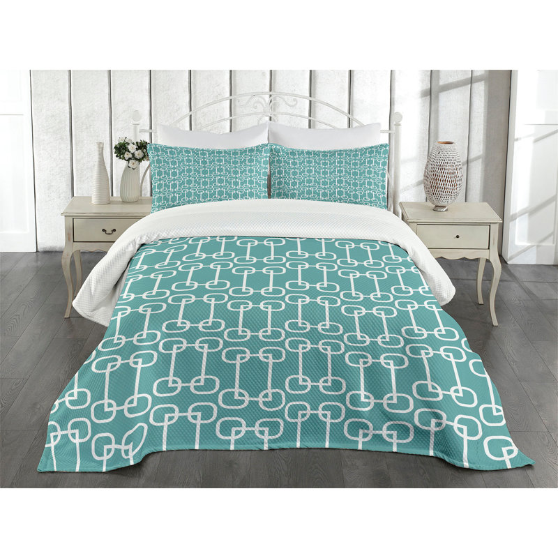 Turquoise and White Quilted Queen Bedspread Set with Pillow Shams