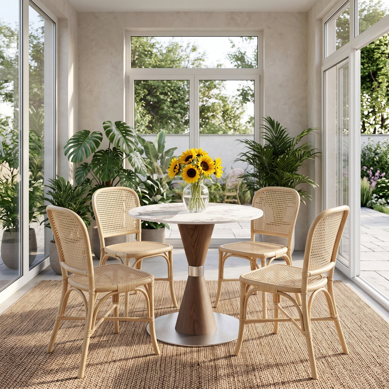 Table de bistro ronde pour salle à manger 31"/39"/43" pour 2 à 4 personnes, avec piètement en métal texturé pierre frittée et bois, idéale pour un coin repas ou une cuisine.