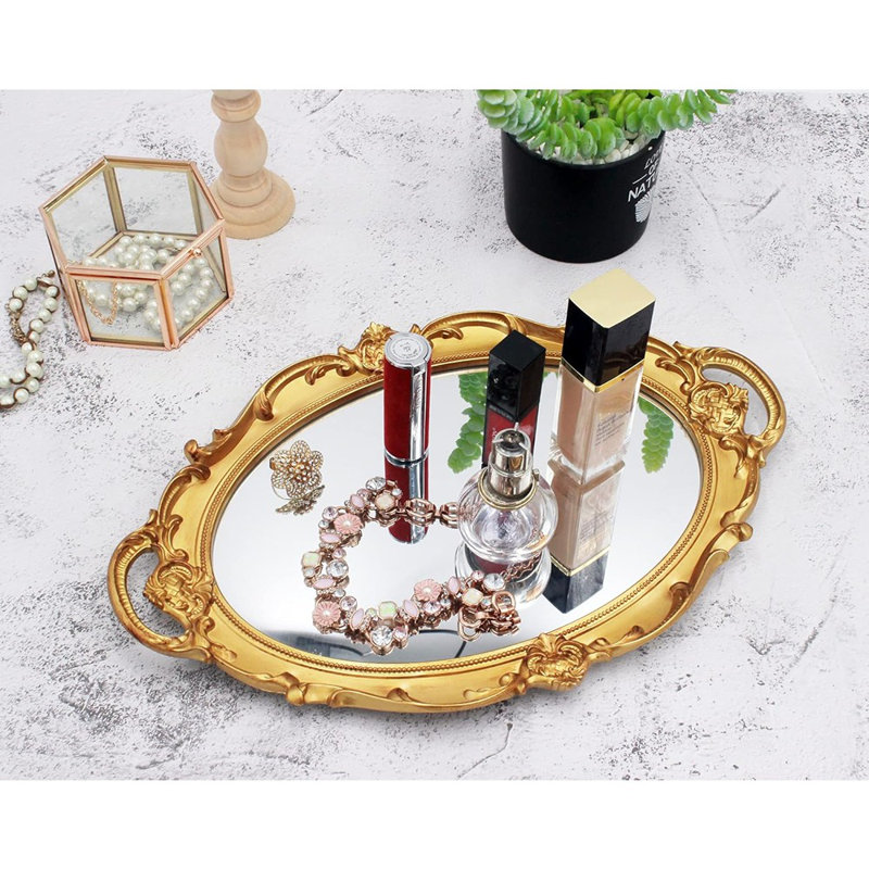 Plateau décoratif oval doré miroir, meuble-lavabo et plateau de salle de bain