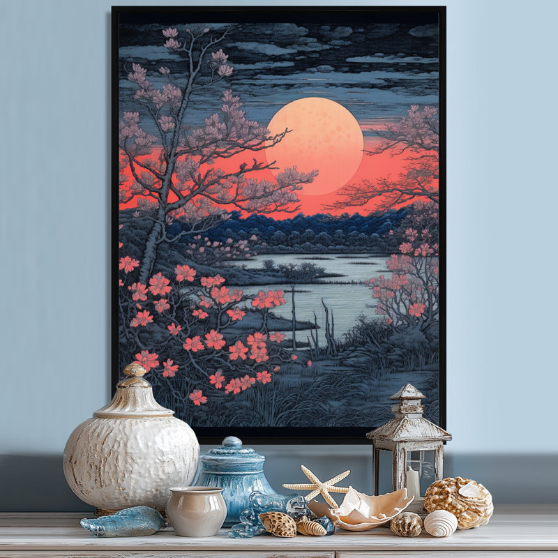 «Pink Sunset Blush Flowers By Evening River», art mural plage et océan, Toile avec cadre flottant noir