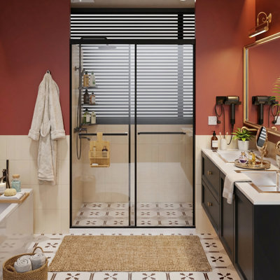 Porte de douche coulissante en aluminium 48 po x 72 po, système de fermeture en douceur, installation en 30 minutes, barrière contre les fuites, fonction acier noir mat, installation de 30 po, prévention, acier inoxydable