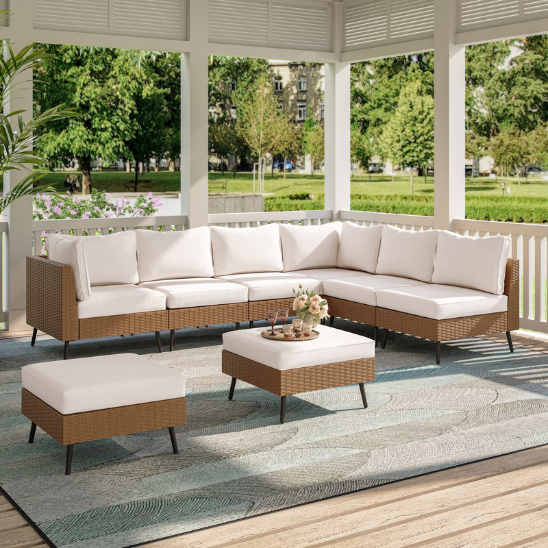 Ensemble de conversation modulaire en osier avec coussins 8 pièces Greysun, Beige