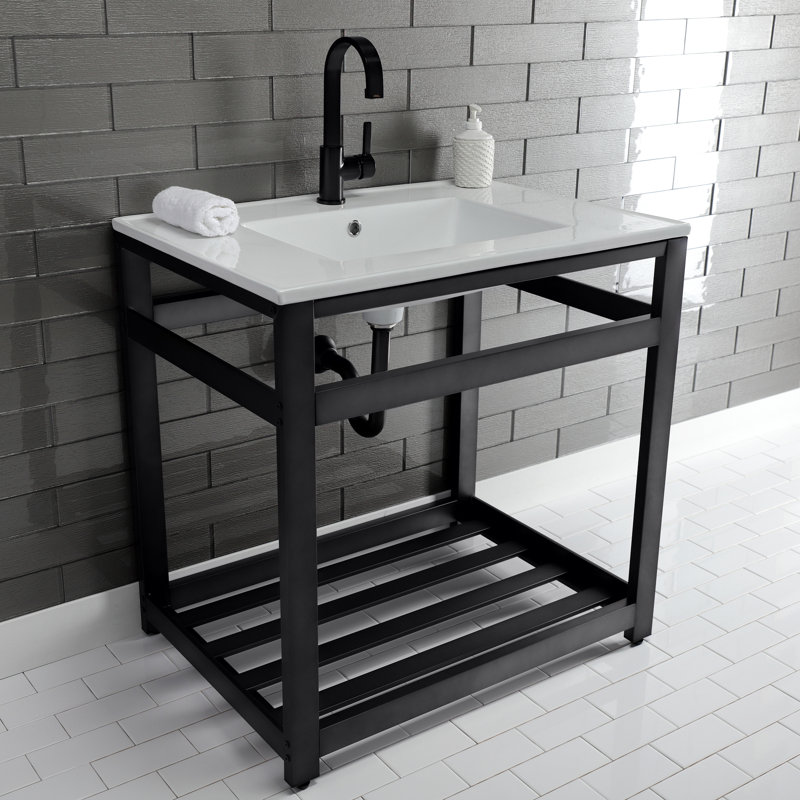 Lavabo de salle de bain console en céramique avec trop-plein, Blanc / noir mat, Simple
