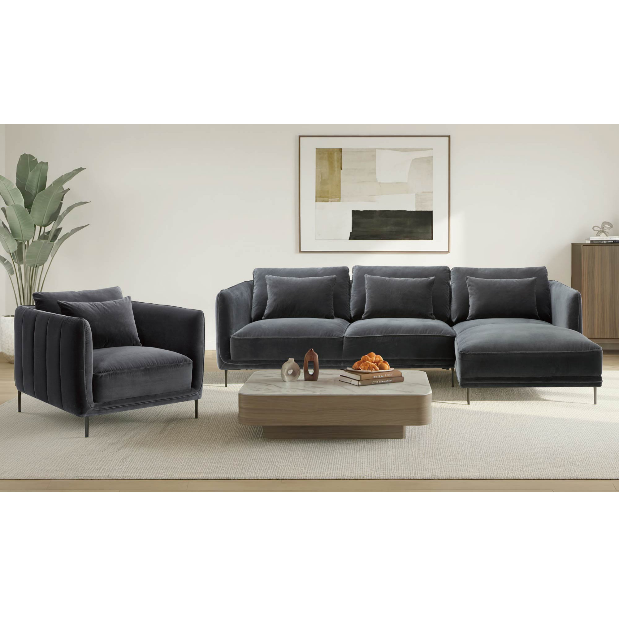 Rae 3 Piece Upholstered Living Room Set, Falkirk Gray, Right Hand Facing