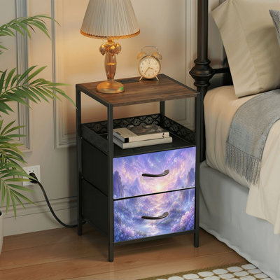 Table de chevet 2 tiroirs avec station de charge, table de chevet pour chambre à coucher avec ports USB, tablette ouverte noire, table de chevet avec paysage de montagne fantaisie, lavande, ciel, cristal, rivière, forêt
