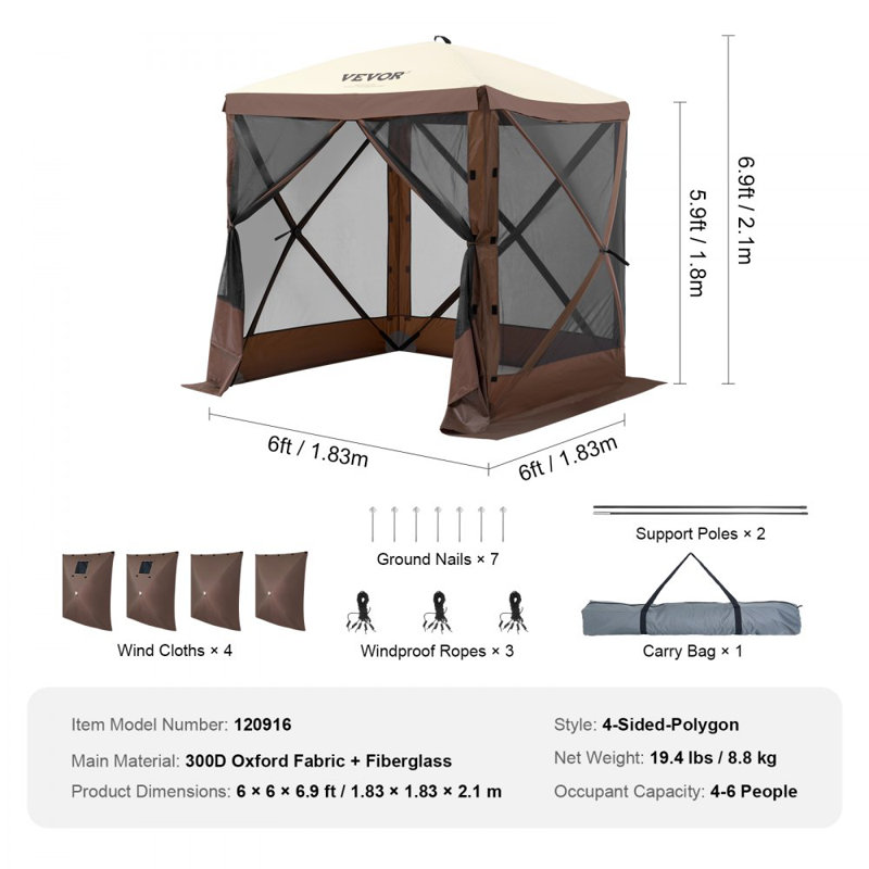 Pop Up Gazebo Tent, Pop-Up Screen Tent 4 Sided Canopy Sun Shelter