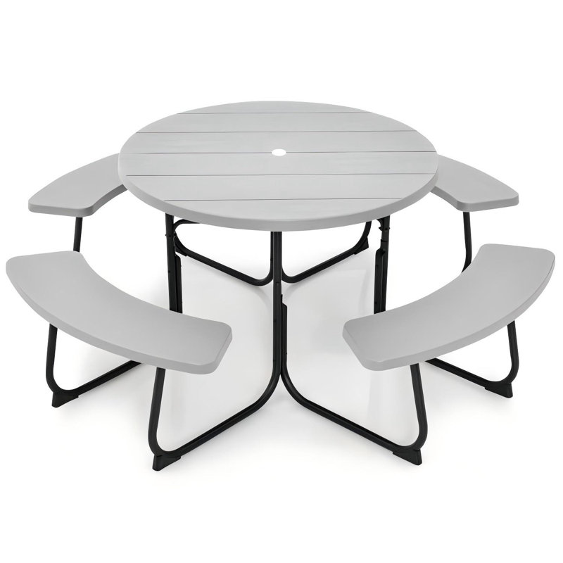 HDPE Picnic Table Bench Set With Umbrella Hole For 6-8, Grey