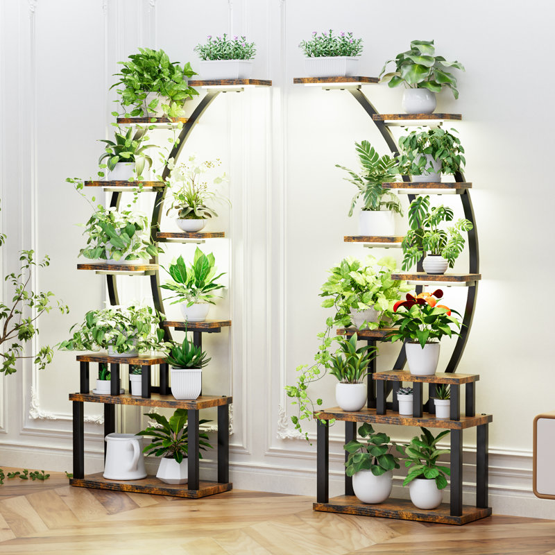 Support pour plante d'intérieur de 63,6 po de hauteur à 9 niveaux avec 5 lumières de croissance, modes d'éclairage réglables (lumières 5/3/2), gradation à 10 niveaux et 3 réglages de minuterie, cadre en fer robuste pour le salon, la chambre à coucher (2 pièces)