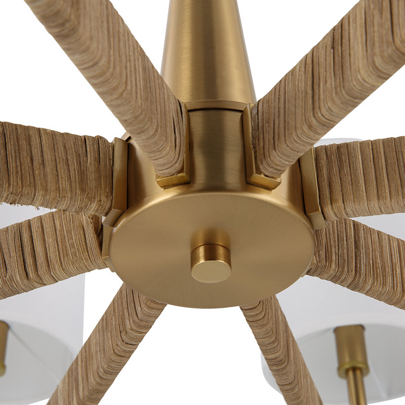 Warm Brass 8-Light Chandelier with White Linen Shades