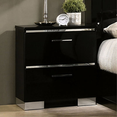 Armoire de chevet moderne avec fonction de chargement et cadre en métal noir avec tiroir au fini contemporain brillant