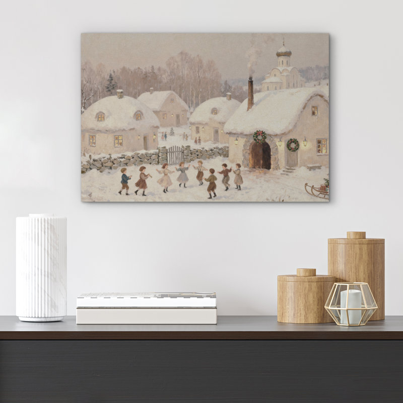 «Whimsical Snowy Village with Children Dancing Christmas Scene», reproduction d'art sur toile, impression sur toile