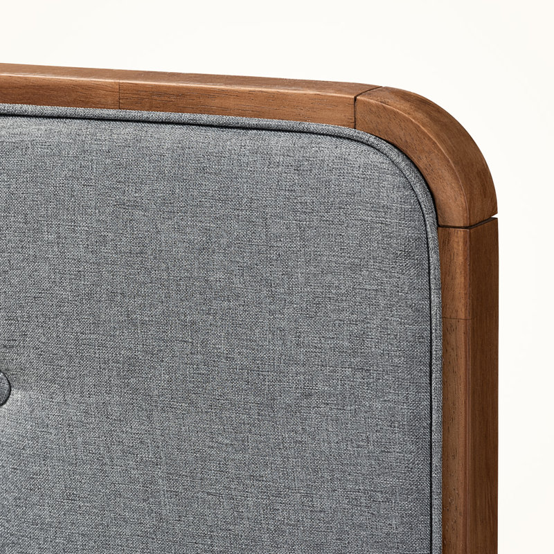 Oaken Queen Size Platform Bed with Upholstery in Dark Grey Fabric and Brown Finish, 58.03'' H X 63.62'' W X 83.89'' L, Queen