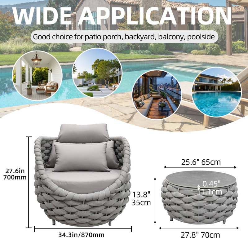 Ensemble de chaises de patio pour 2 personnes avec table basse, 3 Pcs: Table, 2 Chairs, Light Grey, Light Grey Textilene Rope