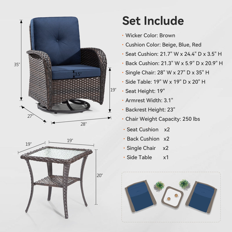 Ensemble de chaises pivotantes d'extérieur avec coussins 6 pièces Kyesha, Bleu, Brun