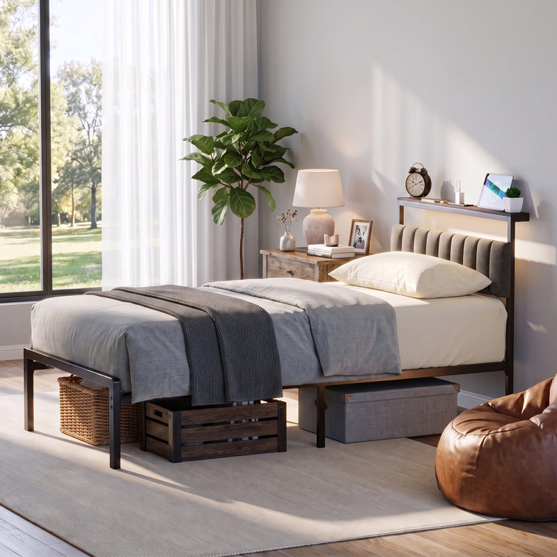 Tête de lit rembourrée pour lit simple avec cadre en acier, éclairage DEL et station de recharge intégrée, tête de lit avec rangement