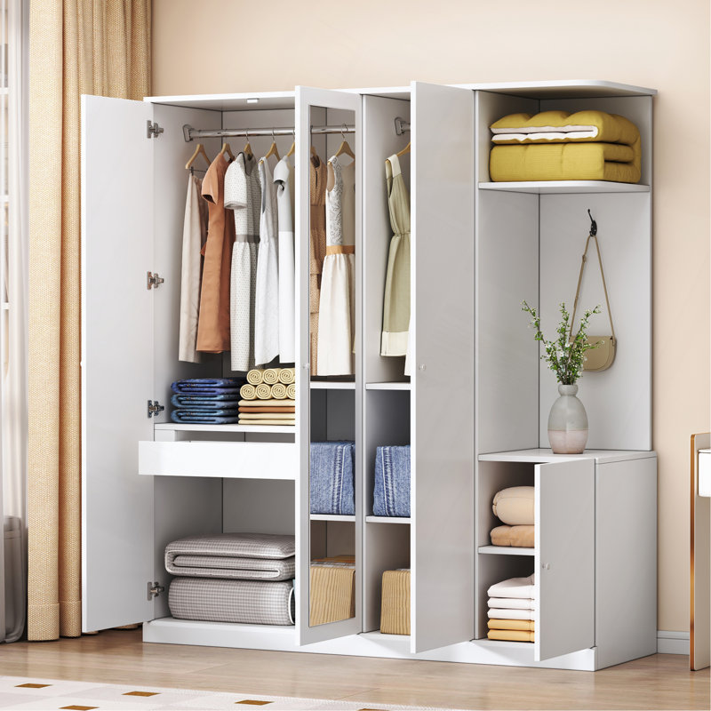 Armoire 4 portes avec tablettes, tiroirs et miroir pleine grandeur, Blanc
