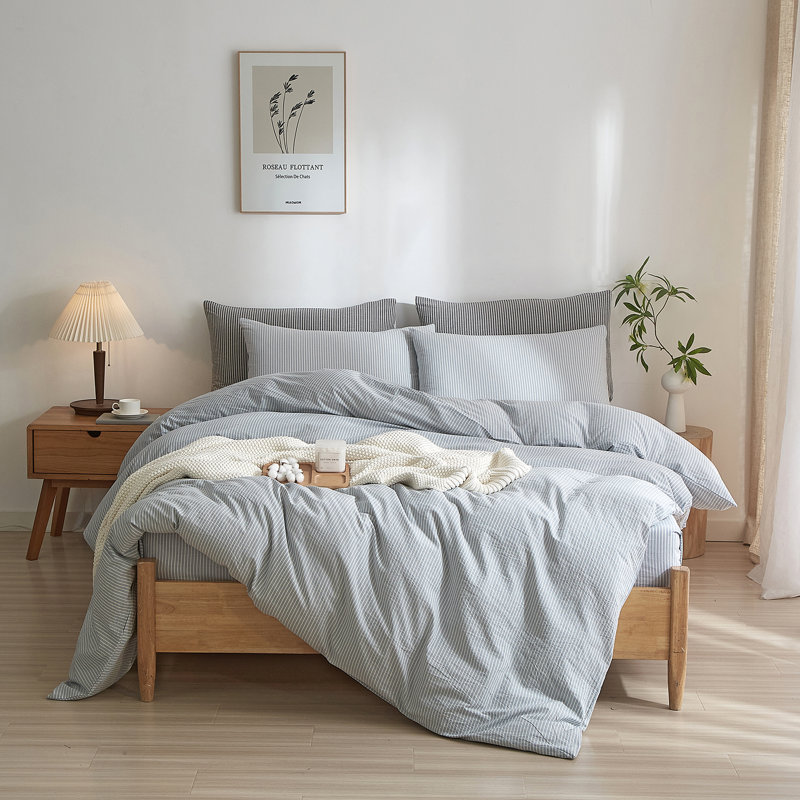 LIFETOWN Striped Duvet Cover Set,3 Pcs Breathable Durable 100% Washed Cotton Comforter Cover for All Seasons, Chic Linen Like Textured Bedding Set.