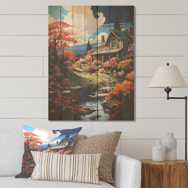 Fall Retreat Cottage Landscape I - Paysage sur bois, H 20 po x l 10 po