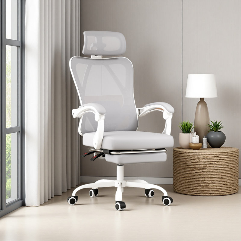Mesh Office Chair With Footrest & Headrest, Gray/White