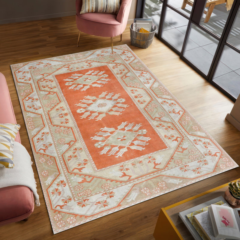 Soft Non-Woven Printed Rug Featuring an Intricate Geometric Pattern in Earthy Tones Perfect for Adding a Stylish Touch to Any Living Space