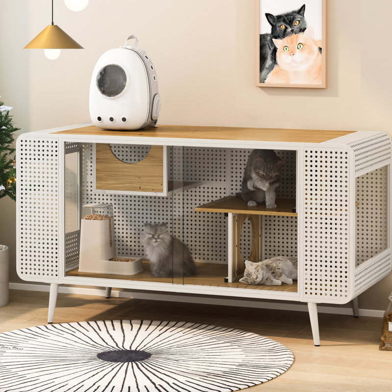 Maison de chat spacieuse en blanc - composée de bois de sapin et d'une structure en fer avec des portes en verre trempé fabriquées en bois et à l'intérieur