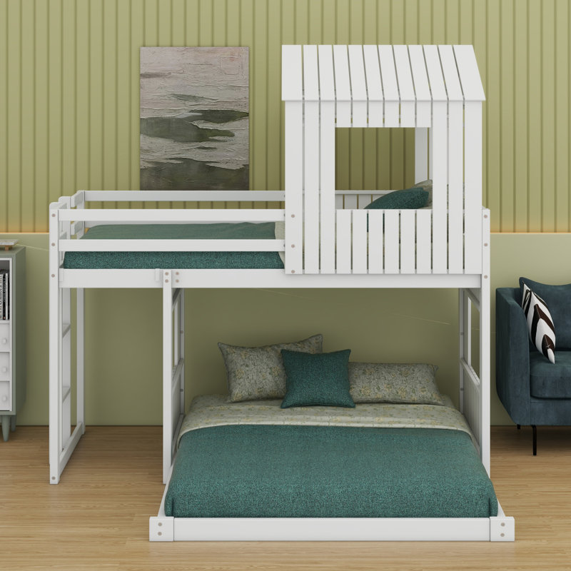 Wooden Bunk Bed, Loft Bed With Playhouse, Farmhouse, Ladder And Guardrails, White