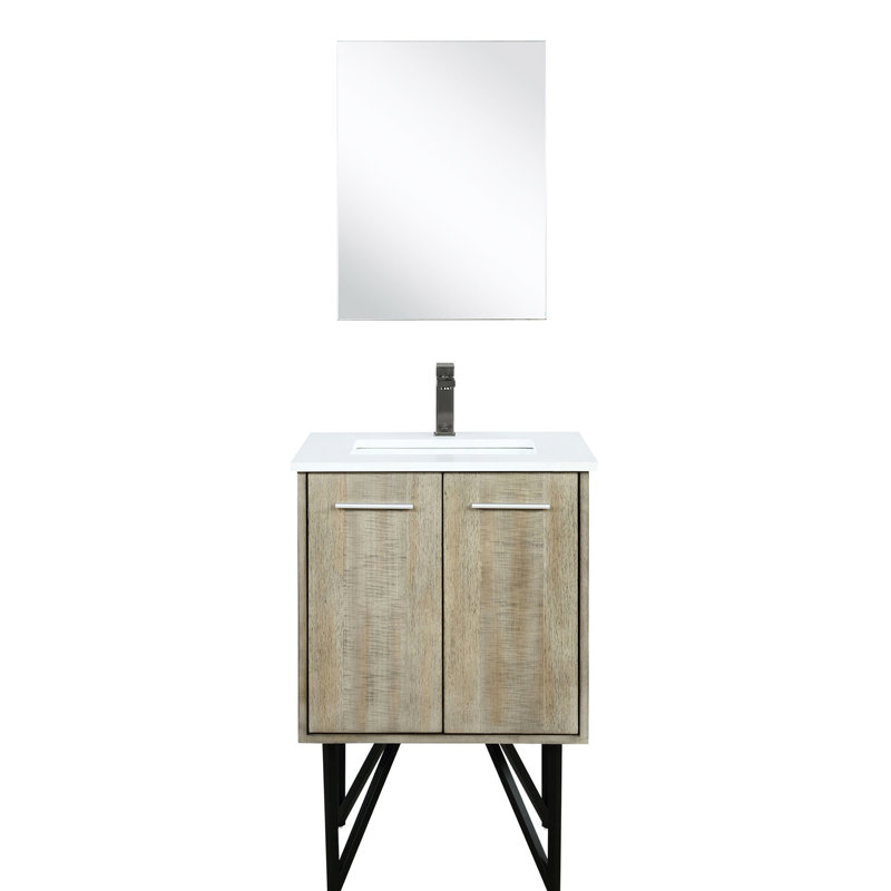 24 po Meuble-lavabo large et rustique, comptoir en quartz blanc, robinet en métal et miroir à 18 teintes, 24"