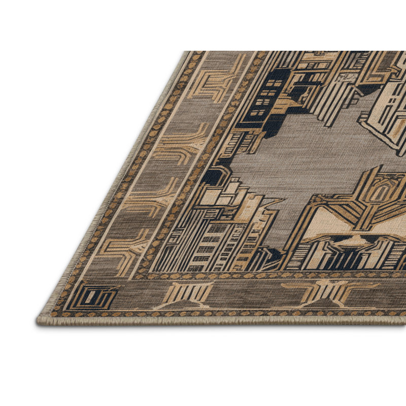Tapis art déco brun lavable à la machine, Rond 5 pi