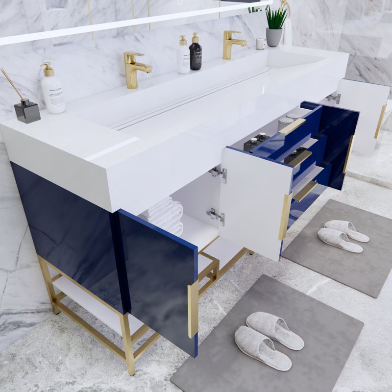 Ensemble de meuble-lavabo double 72 po Glasgow, Bleu nuit ultrabrillant, Blanc