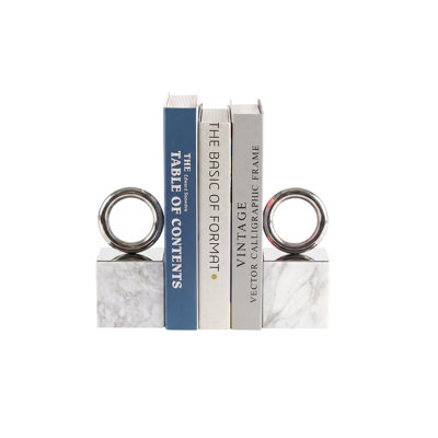 2-Piece Genuine Marble & Silver Ring Bookend Set, Modern Glam Book Ends for Heavy Books, Home Office & Living Room Shelf Decor