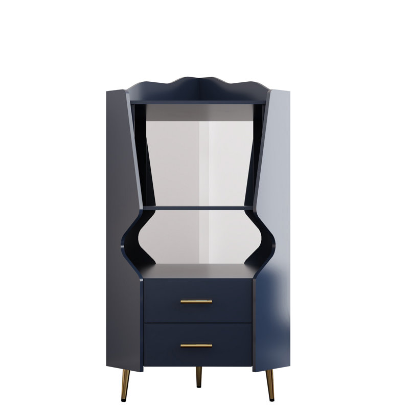 Armoire de coin avec 2 tablettes de rangement ouvertes et 2 tiroirs, armoire à miroir, Bleu