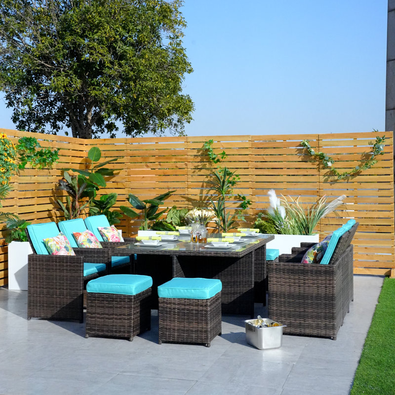 10 - Person Wicker Patio Dining Set with Rectangular Table , Cushions Included, Brown, Cyan