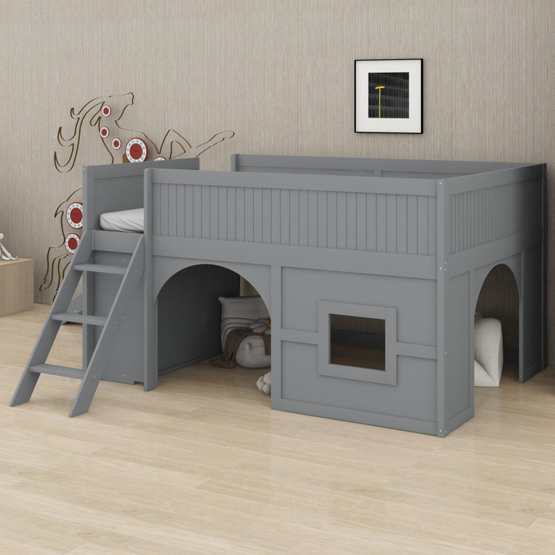 Low-Profile Wooden Loft Bed With Slide, Storage Shelves, Gray