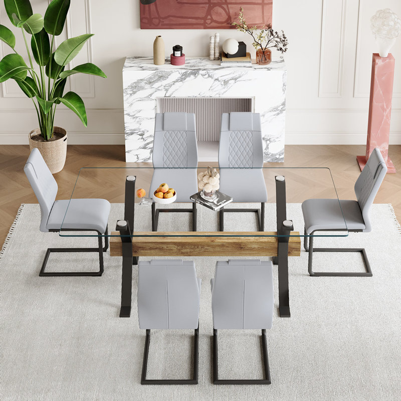 7-Piece Glass Top Dining Table Sets, Black/Light Gray, 122 cm H x 81 cm W