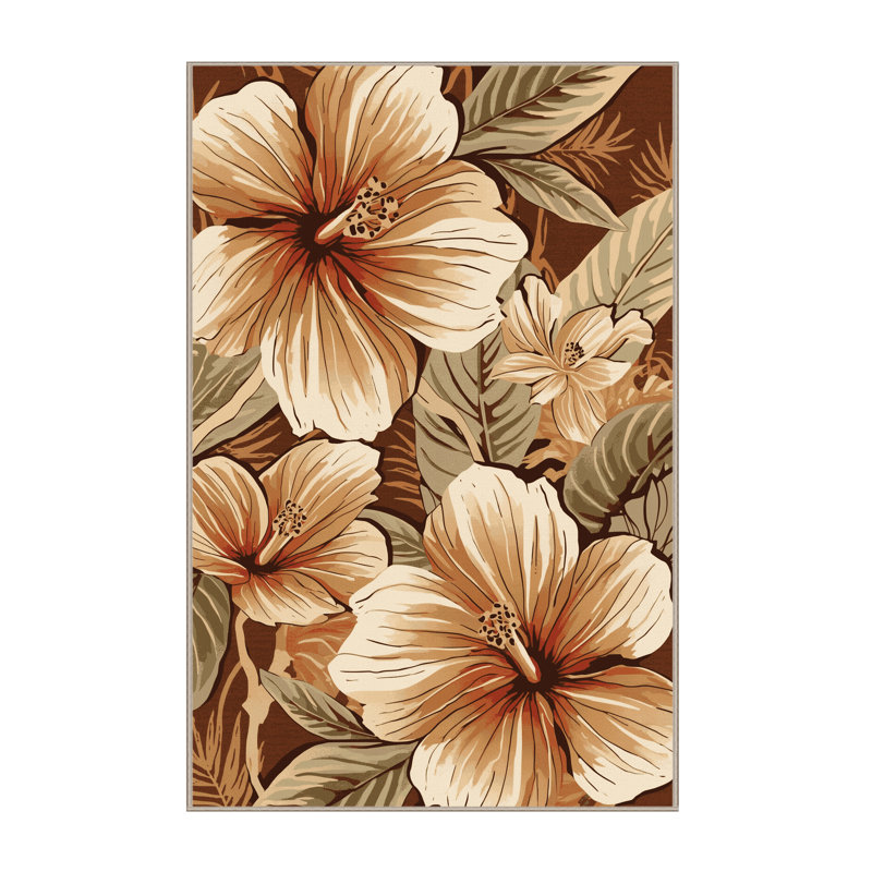 Tapis floral hibiscus parrilla lavable à la machine en brun - reliure beige, 2 x 3