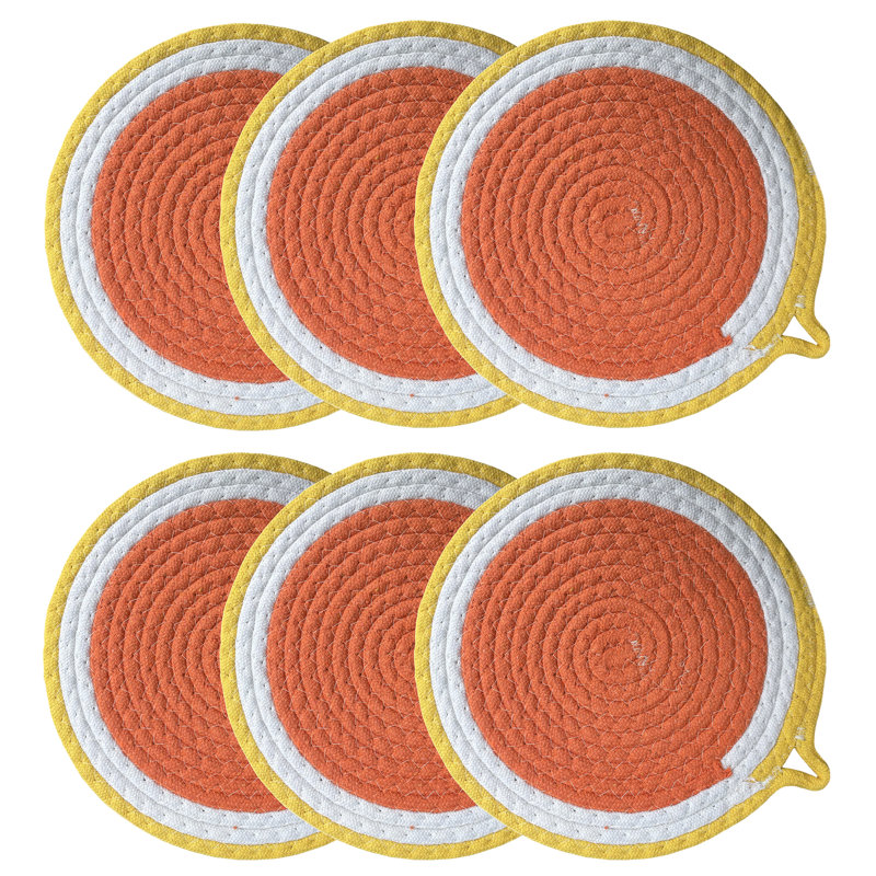 Polyester Round 6 Piece Trivet Set, Orange/Yellow/White