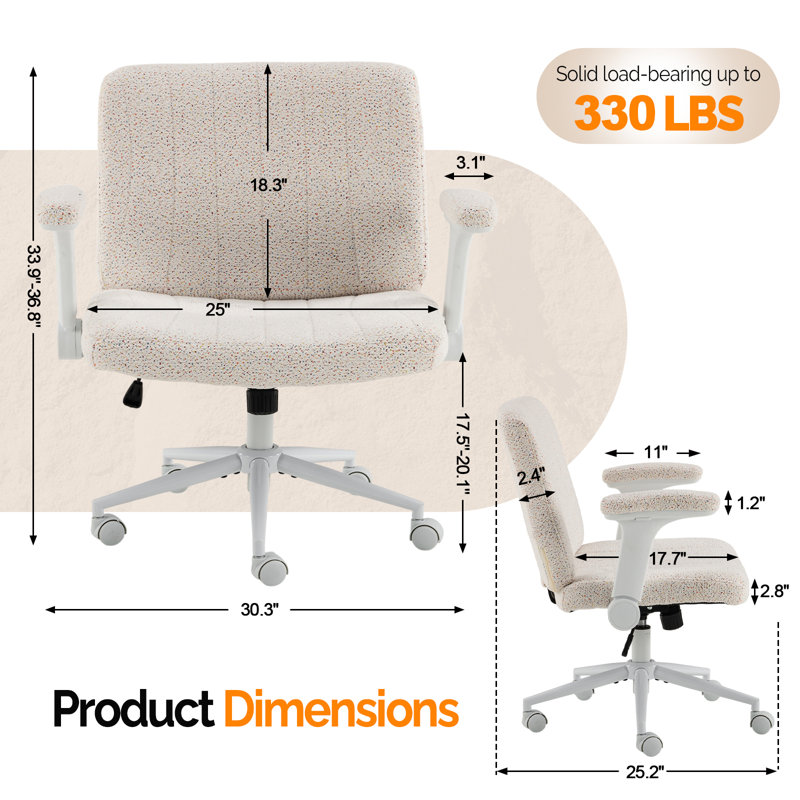 Speckled Chenille Swivel Chair With Flip-Up Arms For Cross-Legged, White, White