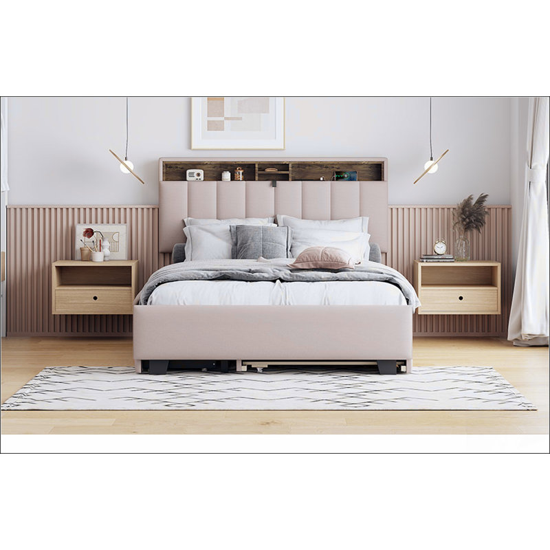 Lit plateforme tapissier avec tête de lit de rangement, lit gigogne simple, tiroirs et charge pour les chambres à coucher modernes